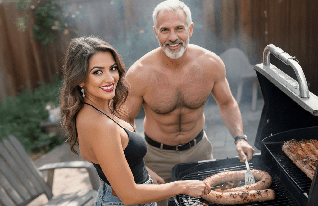 Couple using BBQ making healthy decisions